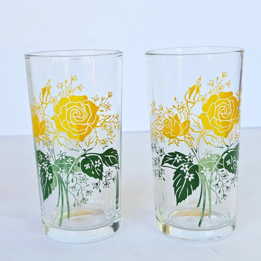 Vintage Yellow Rose Floral Glass Juice Tumbler Set of 2 Retro Kitchenware 5in